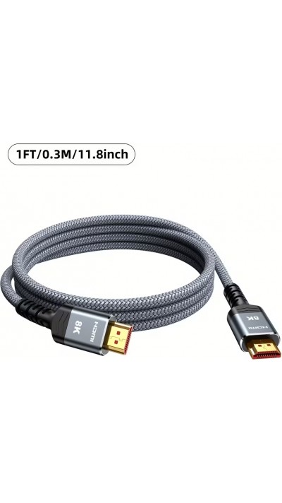 HDMI 2.1 Ultra High Speed Kabel 48Gbps 8K/60Hz 4K/120Hz HDMI Stecker/Stecker geflochten (30cm) - Silber