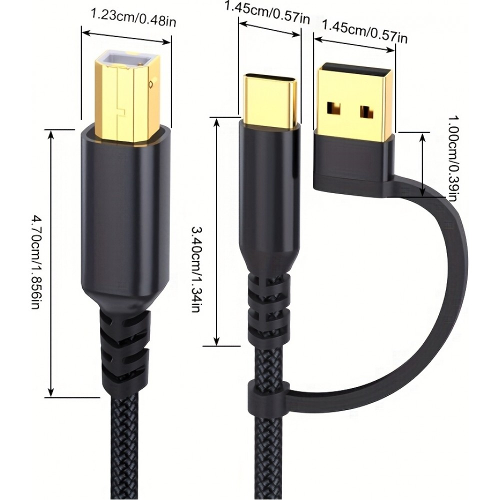 Druckerkabel  2-in-1 USB-A/C zu USB-B f&uuml;r HP / Canon / Epson / Brother - Schwarz