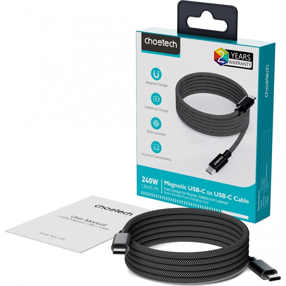 Magnetisches USB-C zu USB-C Kabel (1,2 m) 240W mit Power Delivery 3.1 Choetech XCC-1054 - Schwarz