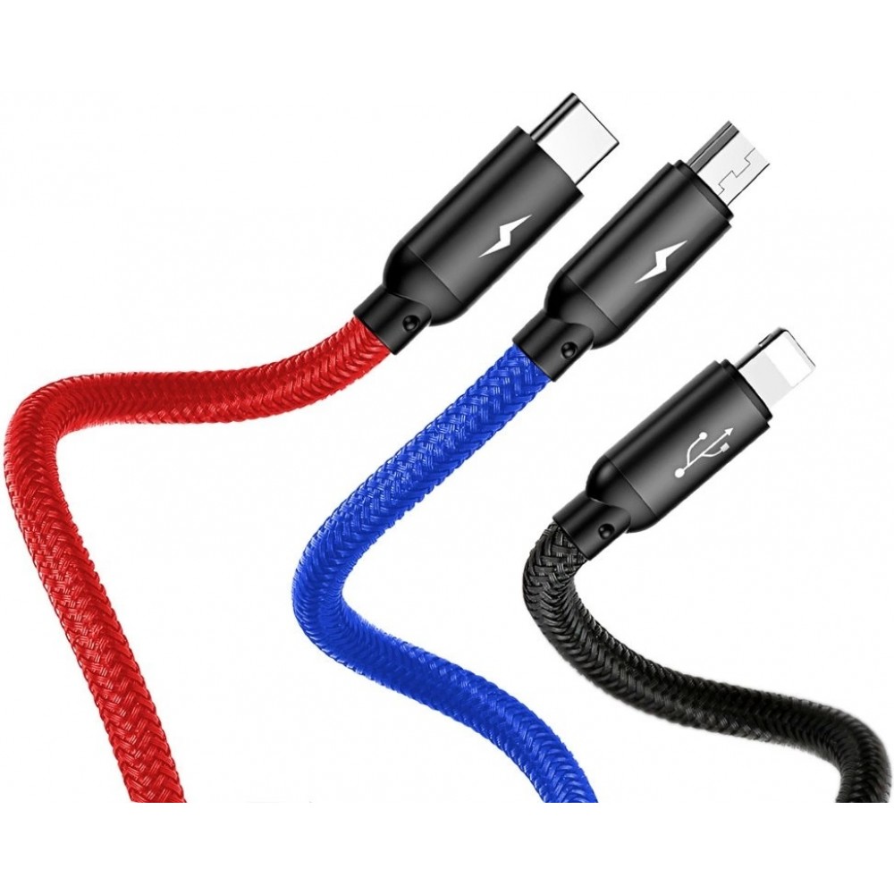 Câble USB 3 en 1 Baseus Micro USB / Lightning / USB-C 3.5A (1.2 m) charge et données - Noir