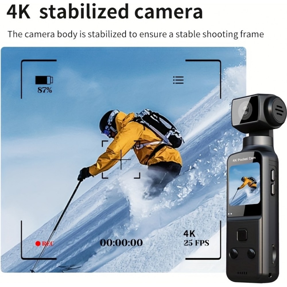 4K Tragbare Actionkamera mit 270&deg; Rotationsobjektiv, Leicht, Wiederaufladbar f&uuml;r Vlogging und Reisen - Schwarz