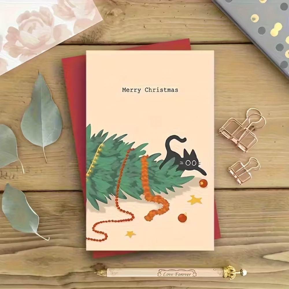 S&uuml;sse Weihnachtskarte mit rotem Umschlag Originale festliche Karte f&uuml;r Katzenliebhaber - Beige