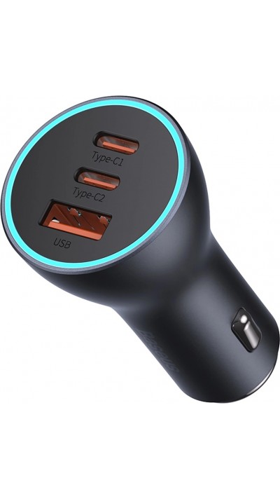 Baseus Goldener Kontaktschalter Pro Auto Ladegerät USB-A + 2x USB-C 65W Schnellladung - Grau