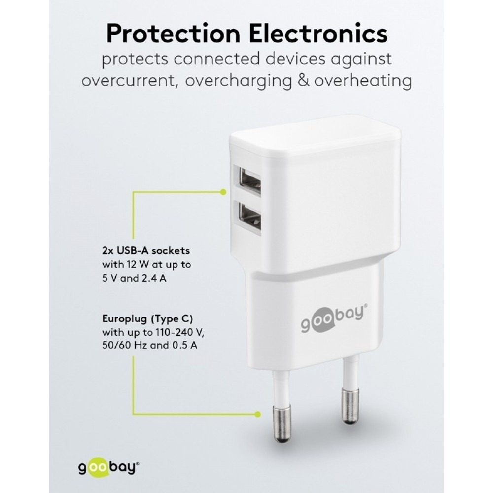 Goobay Doppel USB-A Ladeger&auml;t 12W Kompaktes USB-Wandladeger&auml;t - Weiss