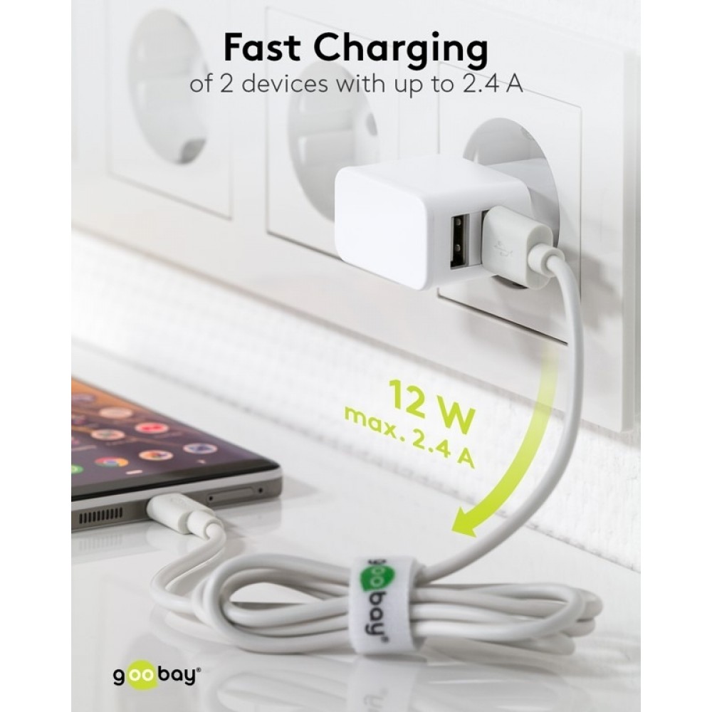 Goobay Doppel USB-A Ladeger&auml;t 12W Kompaktes USB-Wandladeger&auml;t - Weiss