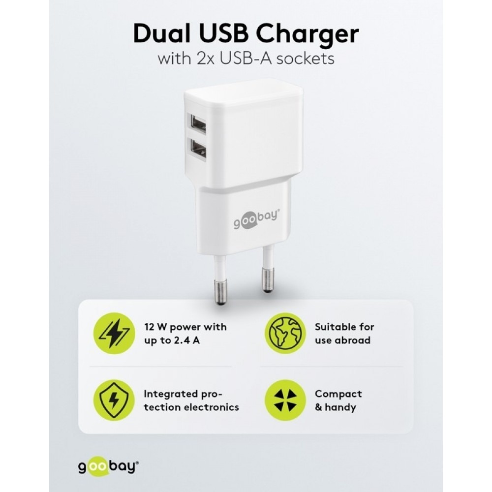 Goobay Doppel USB-A Ladeger&auml;t 12W Kompaktes USB-Wandladeger&auml;t - Schwarz