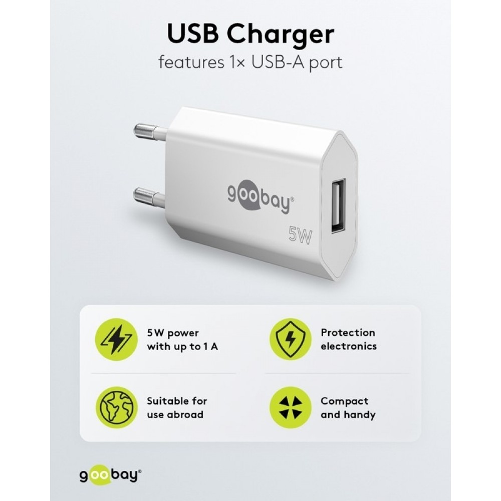Goobay USB-A Ladeger&auml;t 5W Kompaktes Wandladeger&auml;t USB - Weiss