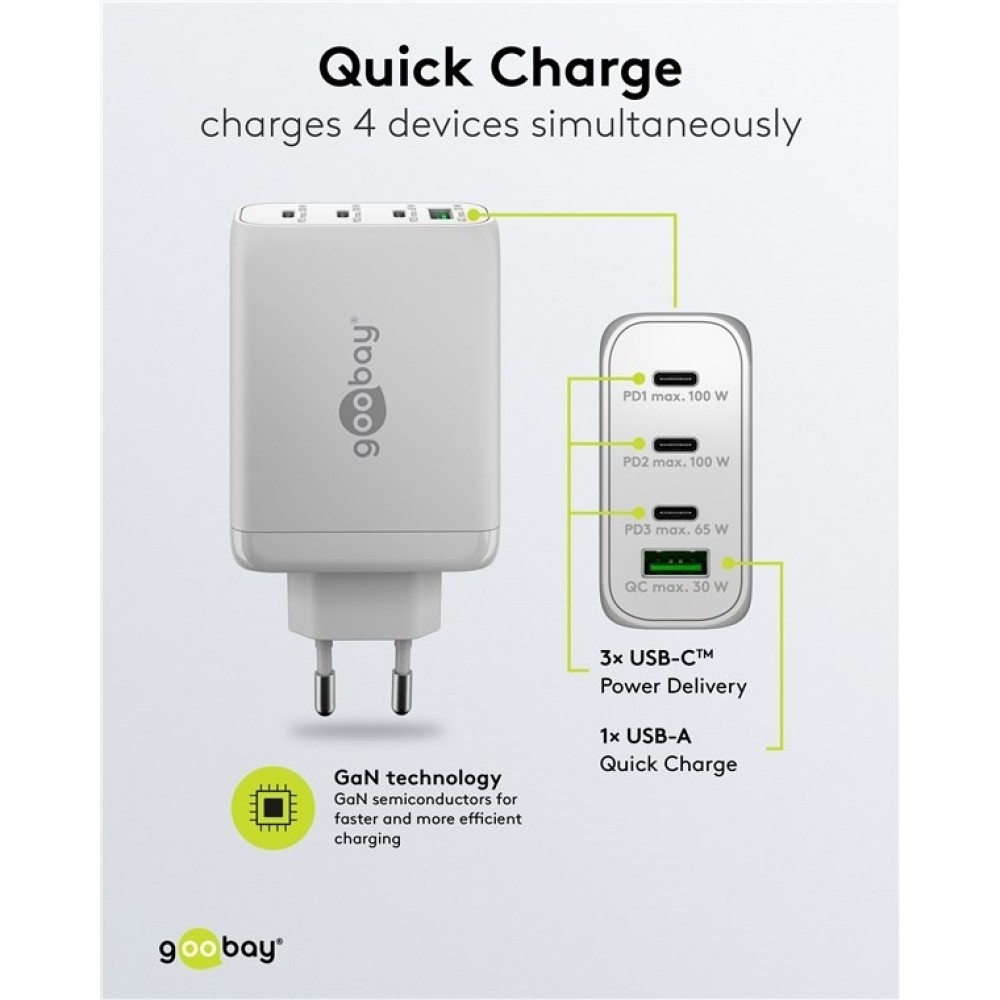 Goobay 100W GaN Multiport Schnellladeger&auml;t mit USB-C Power Delivery & USB-A - Weiss
