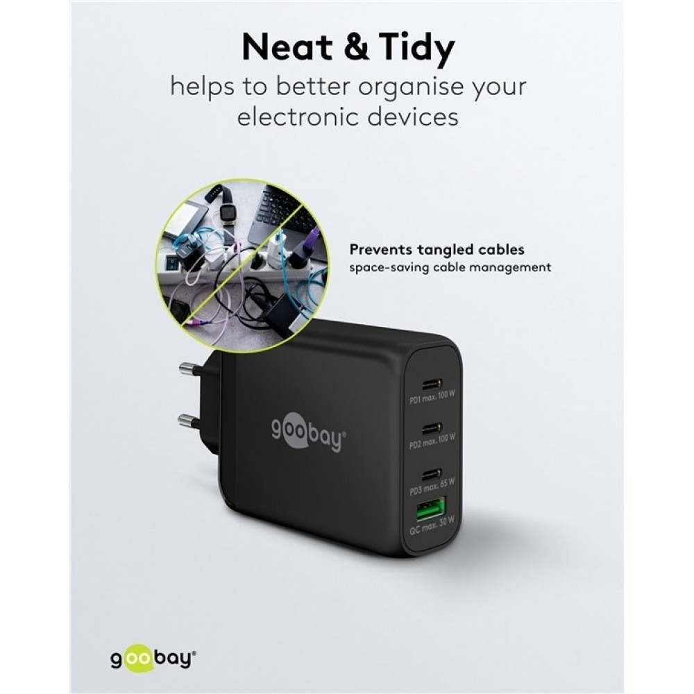 Goobay 100W GaN Multiport Schnellladeger&auml;t mit USB-C Power Delivery & USB-A - Schwarz