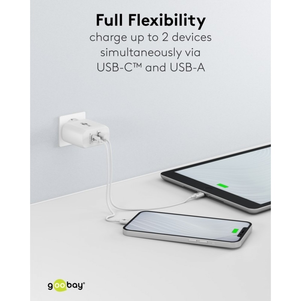 Goobay 45W GaN Schnellladeger&auml;t mit USB-C Power Delivery & USB-A - Weiss