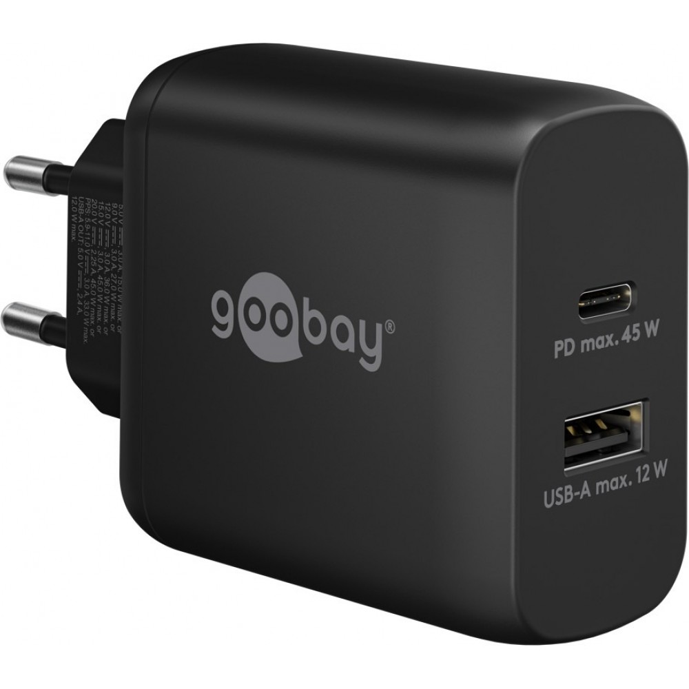 Goobay 45W GaN Schnellladeger&auml;t mit USB-C Power Delivery & USB-A - Schwarz