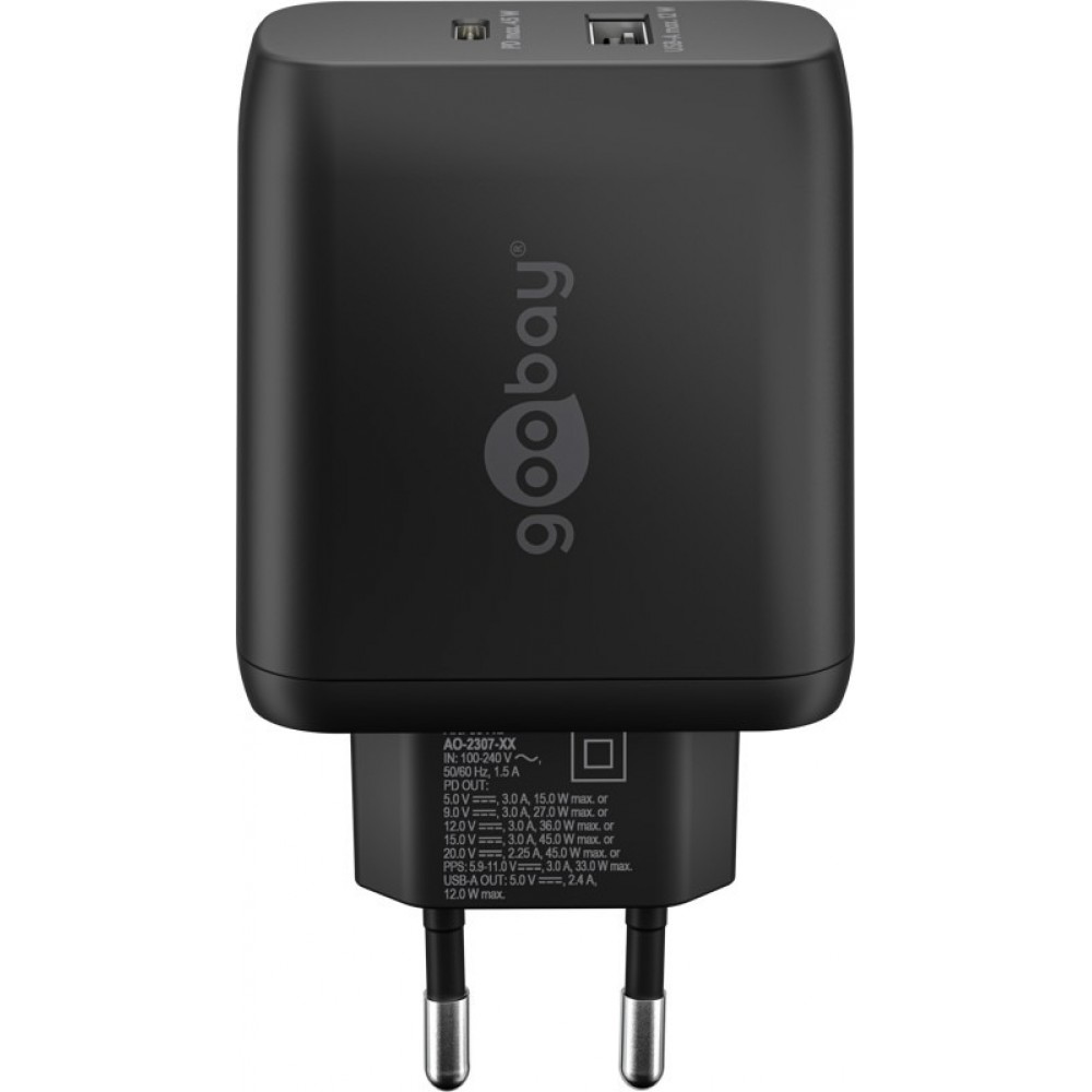 Goobay 45W GaN Schnellladeger&auml;t mit USB-C Power Delivery & USB-A - Schwarz