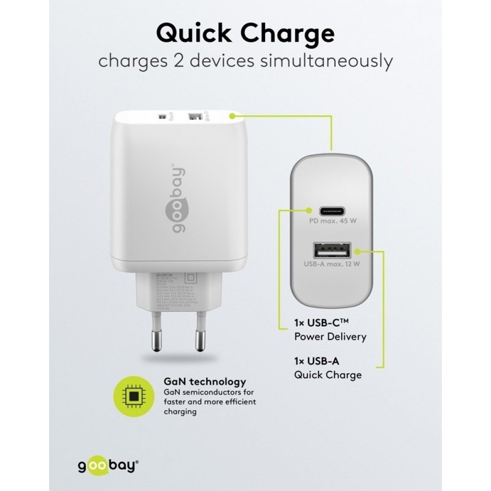 Goobay 45W GaN Schnellladeger&auml;t mit USB-C Power Delivery & USB-A - Schwarz