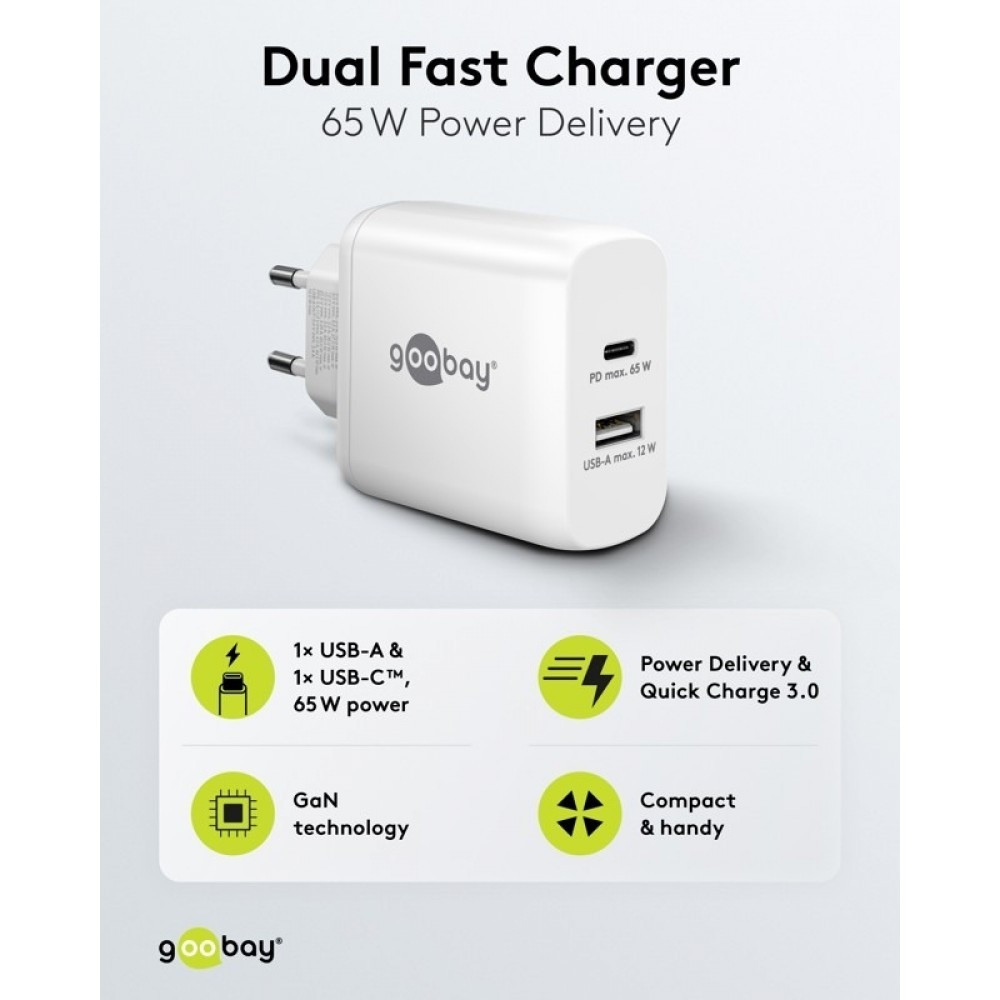 Goobay 65W GaN Schnellladeger&auml;t mit USB-C Power Delivery & USB-A - Weiss
