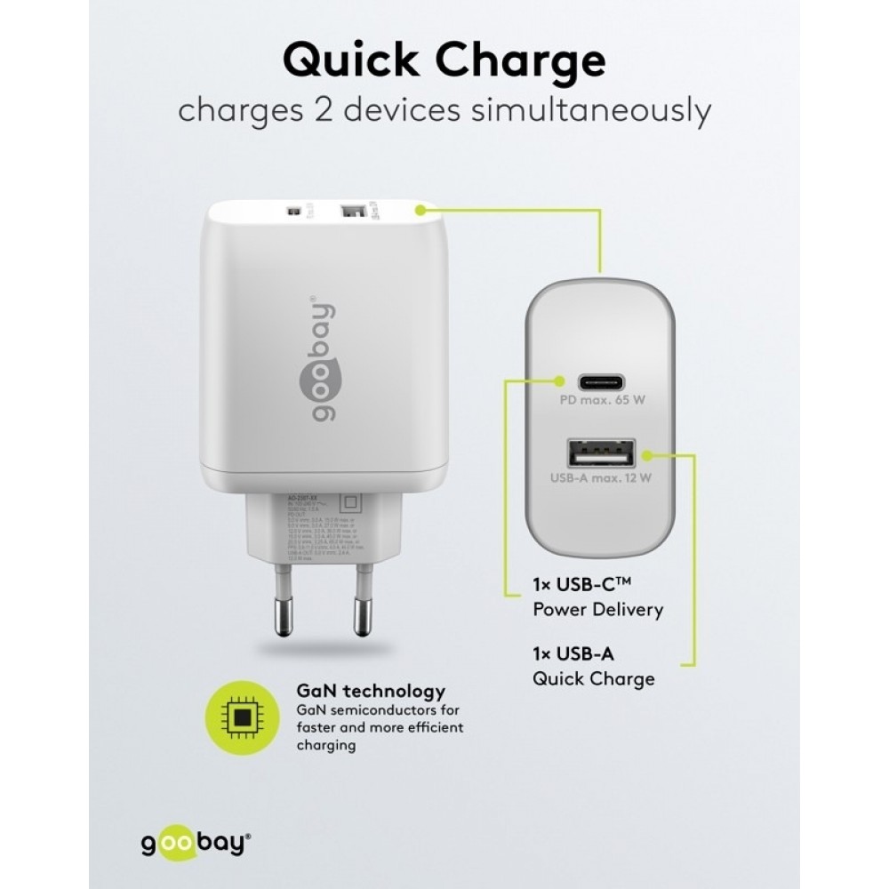 Goobay 65W GaN Schnellladeger&auml;t mit USB-C Power Delivery & USB-A - Schwarz