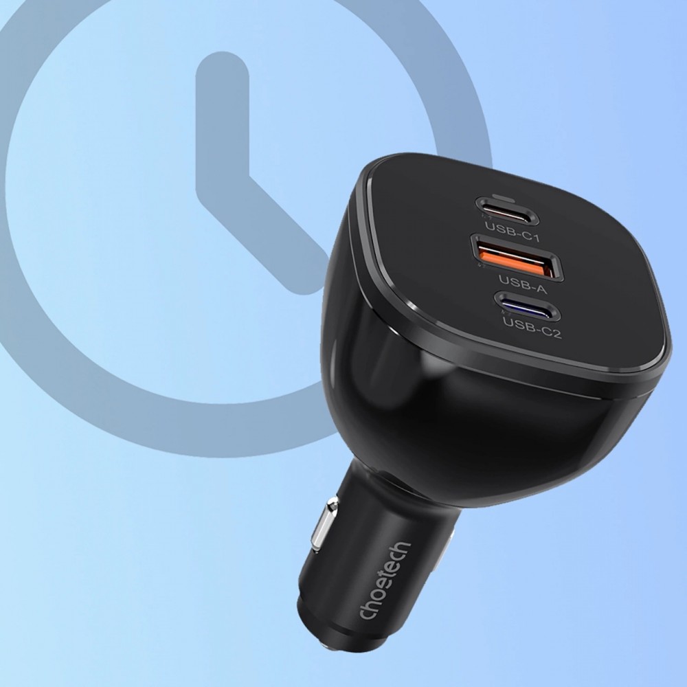 Choetech TC0024 165W Ultra Schneller Auto Ladegerät mit 2x USB-C PD 3.1 + 1x USB-A Schnellladeanschluss - Schwarz