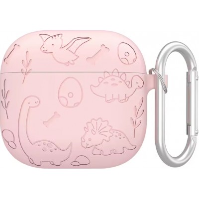 AirPods 4 Case H&uuml;lle - Gravierte Silikon-Dinosaurier und Blumen - Rosa
