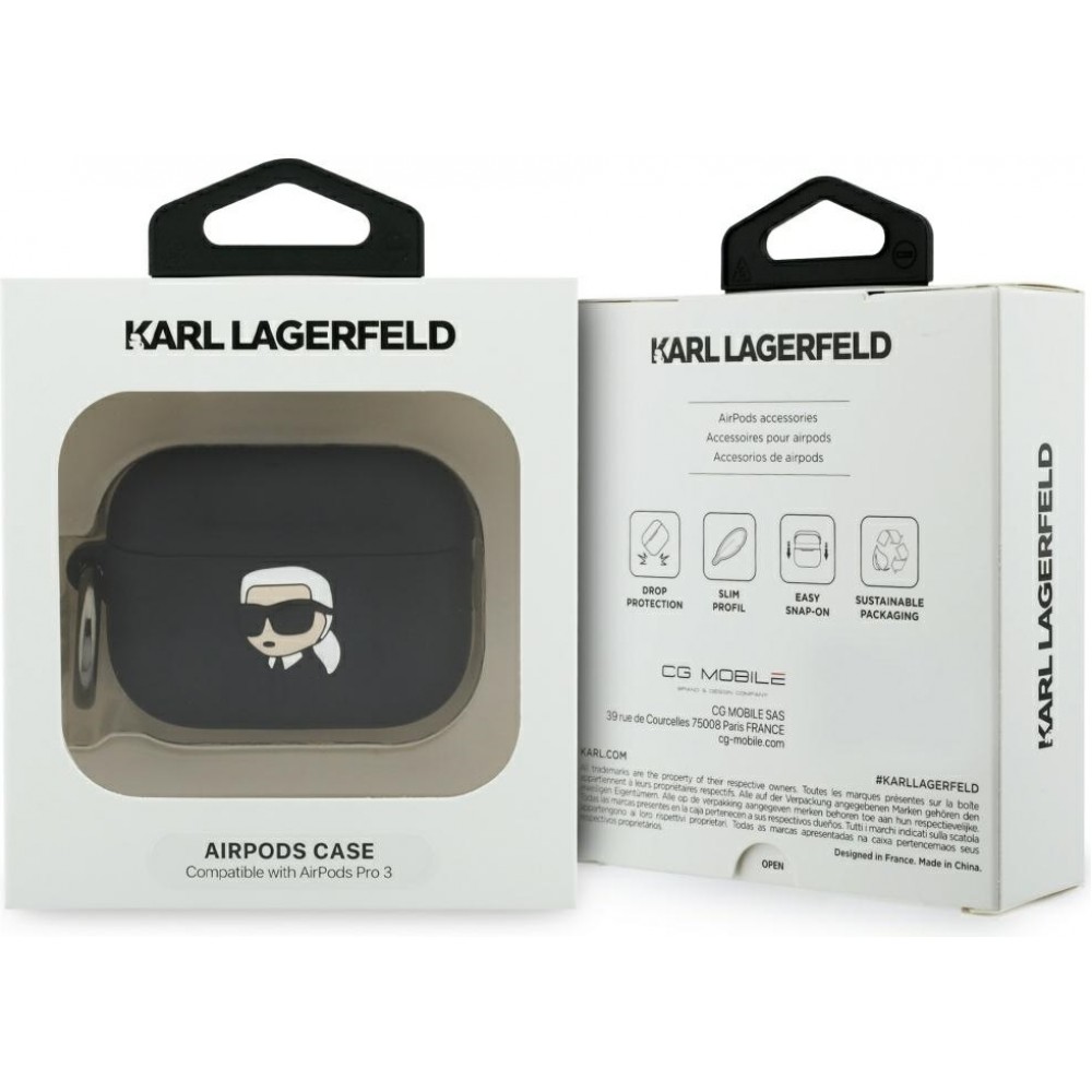 AirPods Pro / Pro 2 Case H&uuml;lle - 3D Silikon Kopf Karl Lagerfeld elegantes Schutzaccessoire - Schwarz