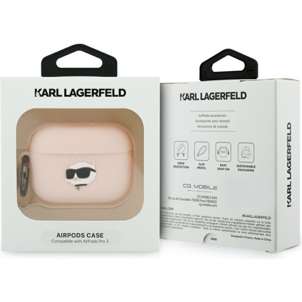 Coque AirPods Pro / Pro 2 -  Karl Lagerfeld silicone soft touch avec t&ecirc;te de Choupette en relief - Rose