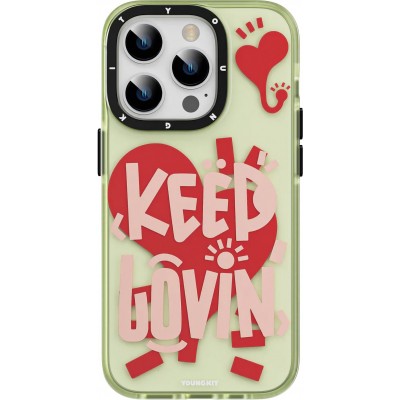 iPhone 14 Pro Max Case H&uuml;lle - Youngkit Keep Lovin Transparentes Gr&uuml;nes Silikon mit Herz - Gr&uuml;n