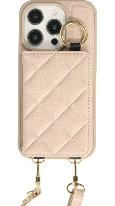 Coque iPhone 15 Pro - Cuir matelass&eacute; avec miroir et compartiment carte inclus grande lani&egrave;re amovible - Beige