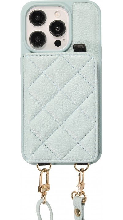 Coque iPhone 15 Pro - Cuir matelass&eacute; avec miroir et compartiment carte inclus grande lani&egrave;re amovible - Bleu