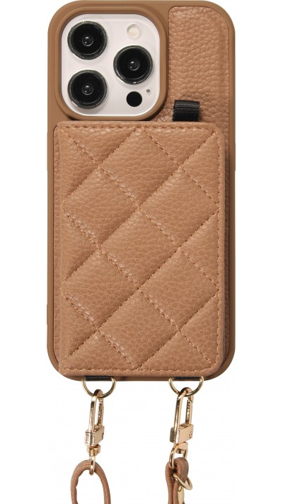 iPhone 15 Pro Case H&uuml;lle - Gepolstertes Leder mit Spiegel und Kartenfach gro&szlig;e abnehmbare Riemen - Braun