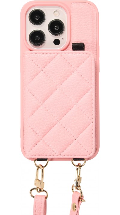 iPhone 15 Pro Max Case Hülle - Gepolstertes Leder mit Spiegel und Kartenfach große abnehmbare Riemen - Rosa