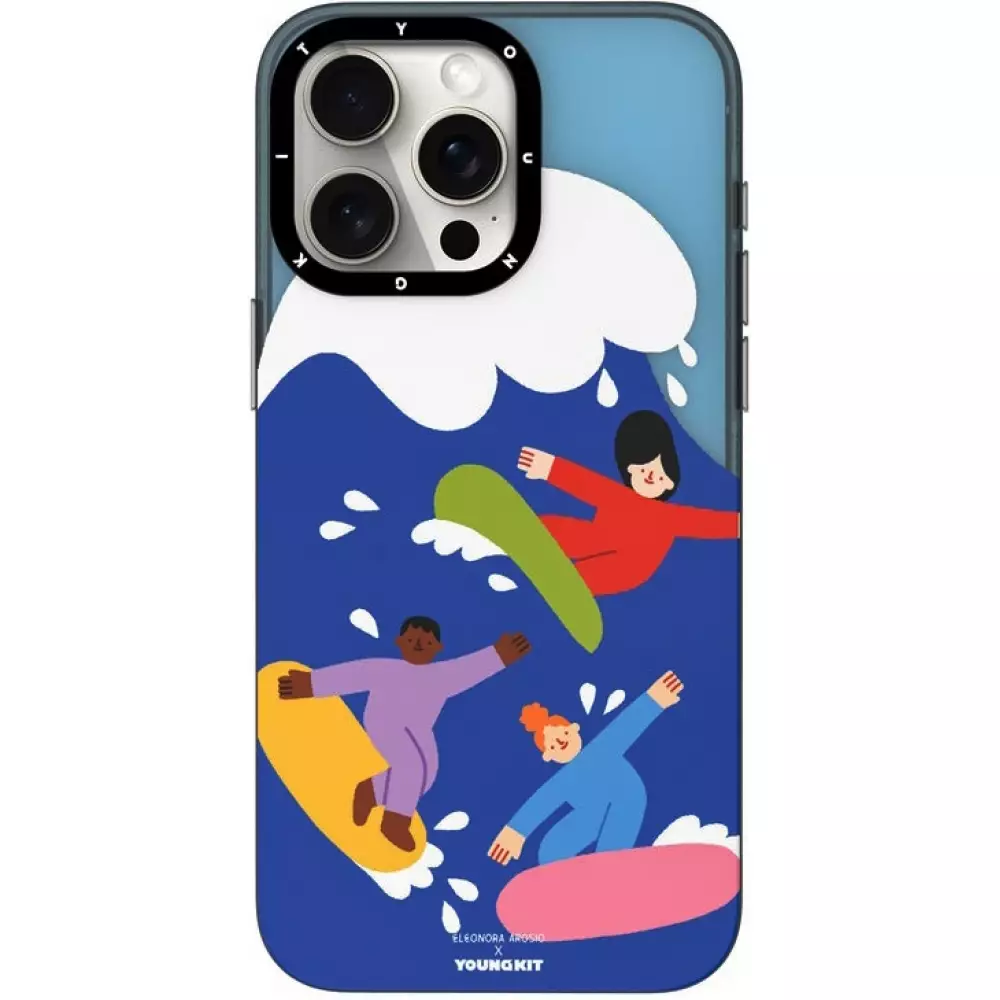 Coque iPhone 15 Pro Max - Youngkit design Eleonora Arosio Surfeurs colorés et fun à la plage - Multicolor