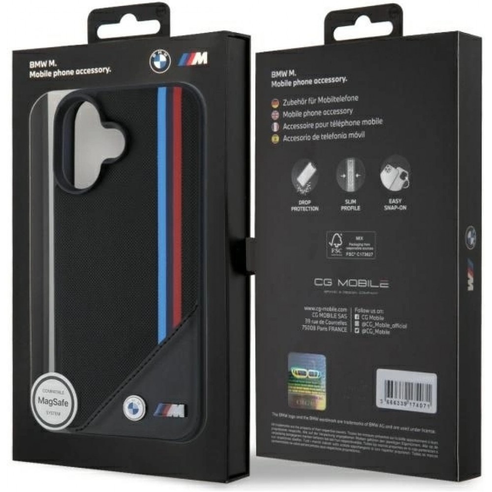 iPhone 16 Case Hülle - BMW M Tricolore Streifen MagSafe Leder - Schwarz