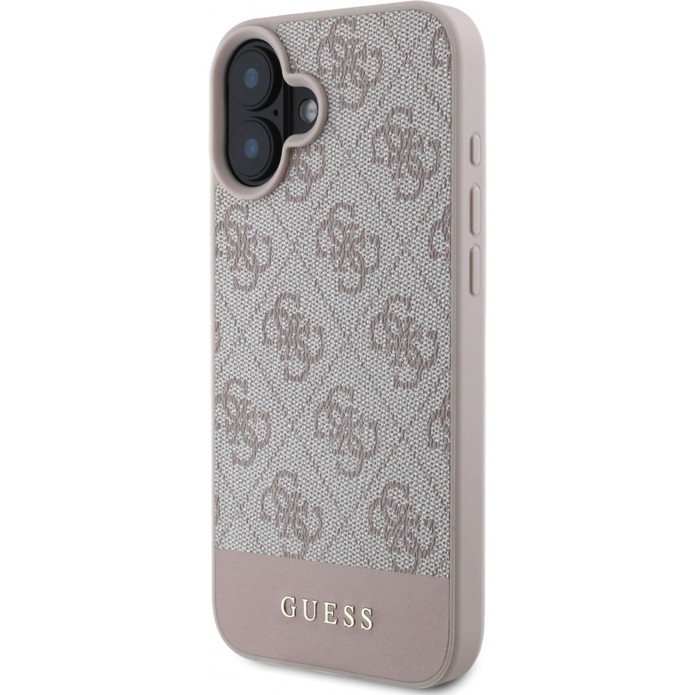 iPhone 16 Case Hülle - Guess 4G Muster mit goldenem 3D-Logo - Rosa
