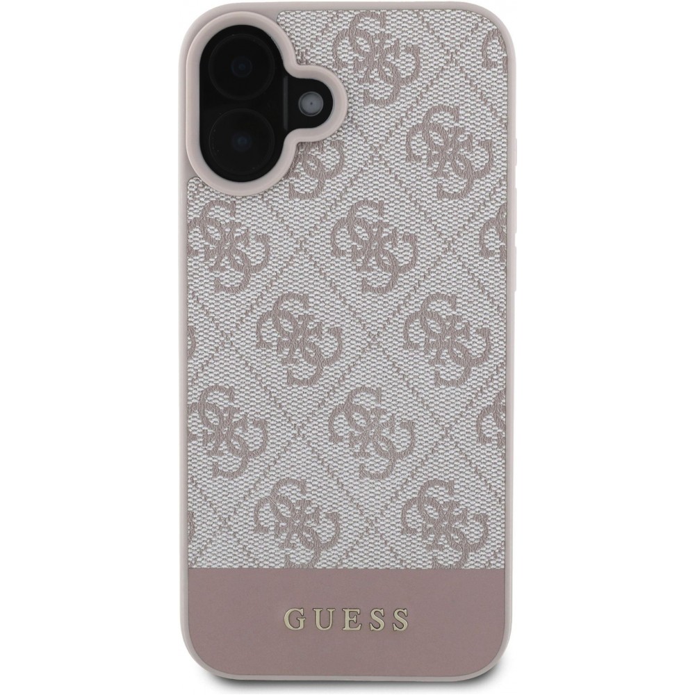 iPhone 16 Case Hülle - Guess 4G Muster mit goldenem 3D-Logo - Rosa