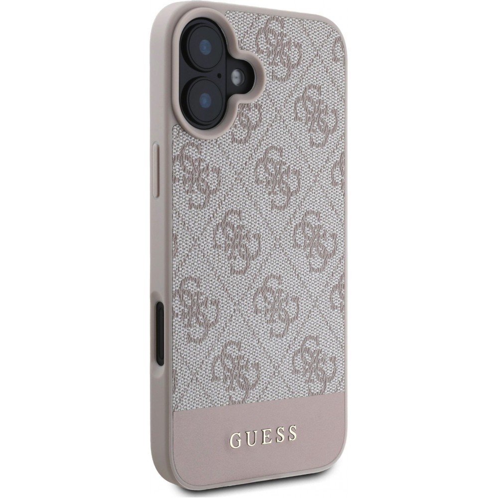 iPhone 16 Case Hülle - Guess 4G Muster mit goldenem 3D-Logo - Rosa