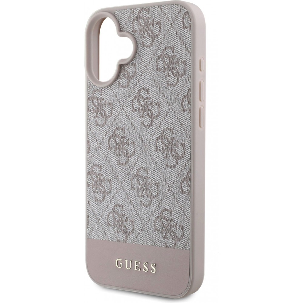 iPhone 16 Case Hülle - Guess 4G Muster mit goldenem 3D-Logo - Rosa