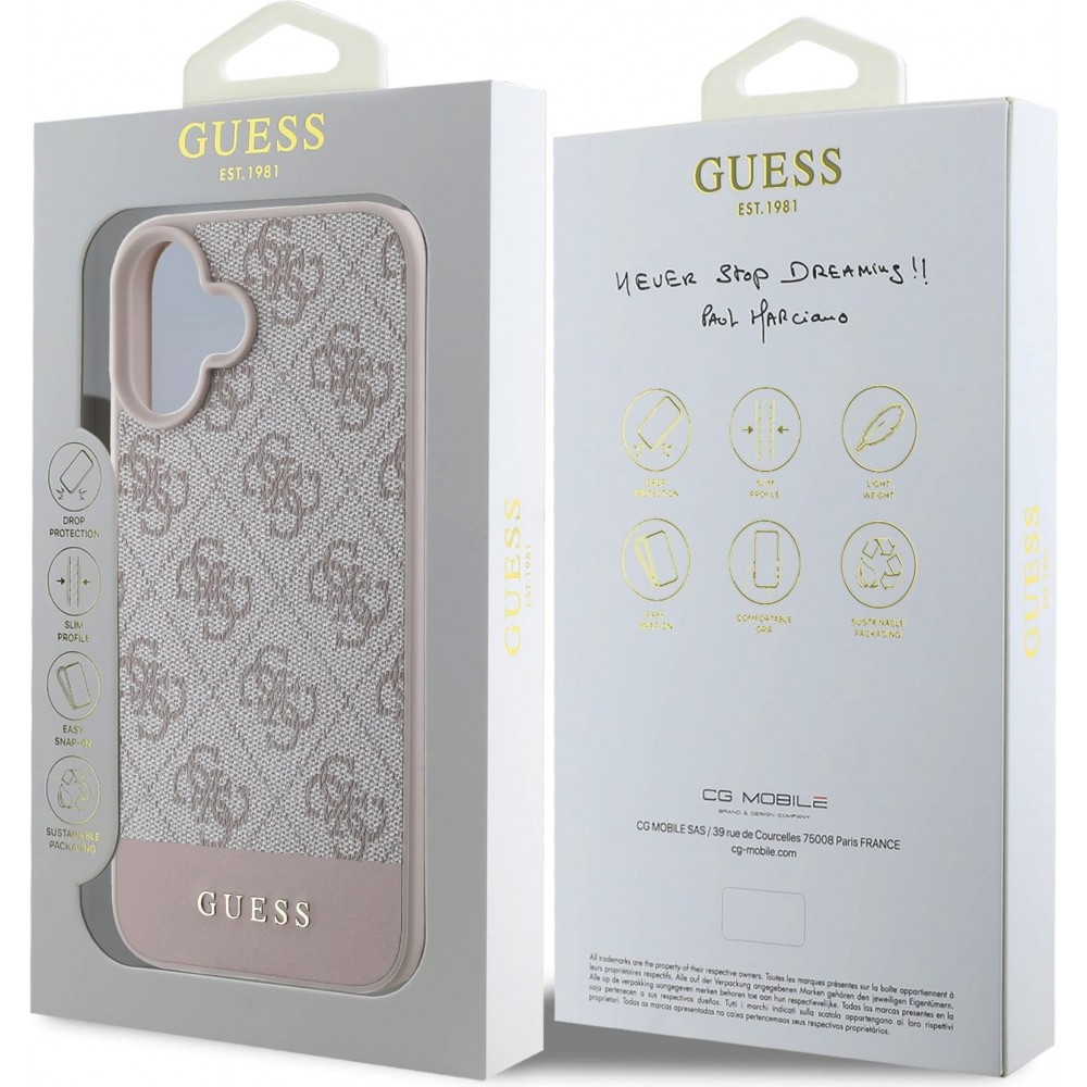 iPhone 16 Case Hülle - Guess 4G Muster mit goldenem 3D-Logo - Rosa