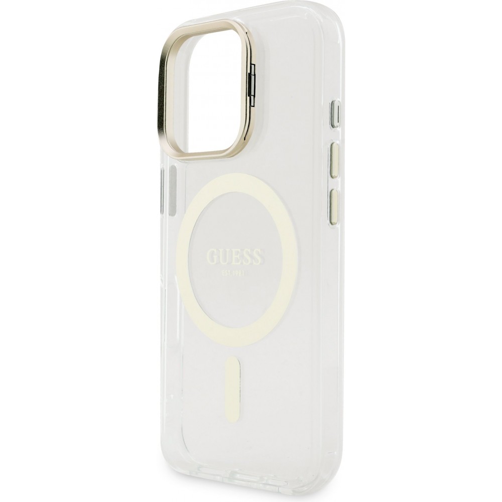 Coque iPhone 16 Pro - Guess magnétique MagSafe avec plaques interchangeables (rose / brun / noir) et Camera Stand - Transparent