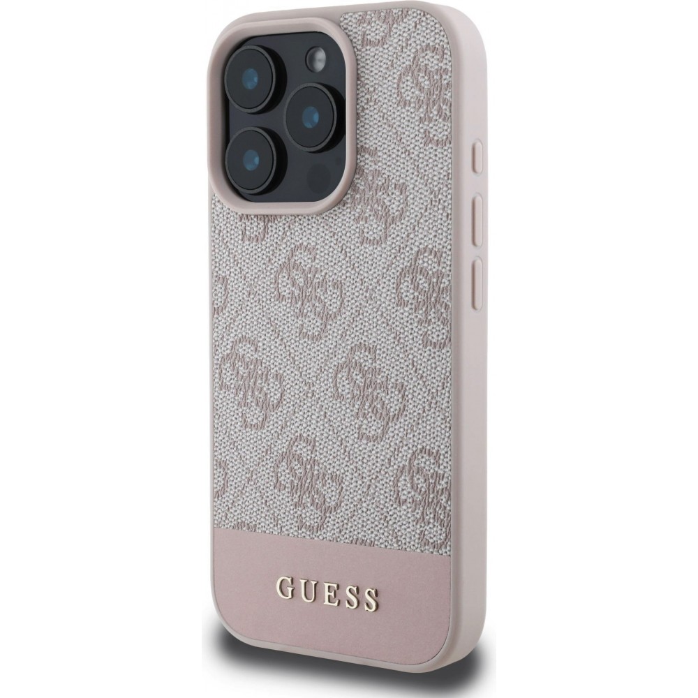 Coque iPhone 16 Pro - Guess pattern 4G avec logo 3D doré - Rose