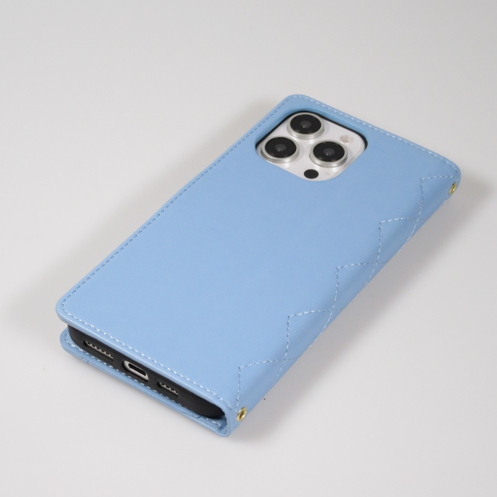 iPhone 16 Pro Max Case H&uuml;lle - Elegante Flip-Matratze mit Magnetverschluss Trageband und Kartenf&auml;chern - Blau
