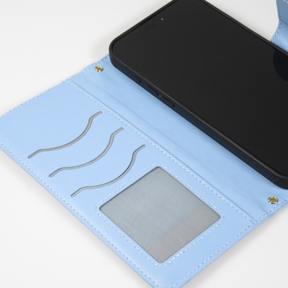 iPhone 16 Pro Max Case H&uuml;lle - Elegante Flip-Matratze mit Magnetverschluss Trageband und Kartenf&auml;chern - Blau
