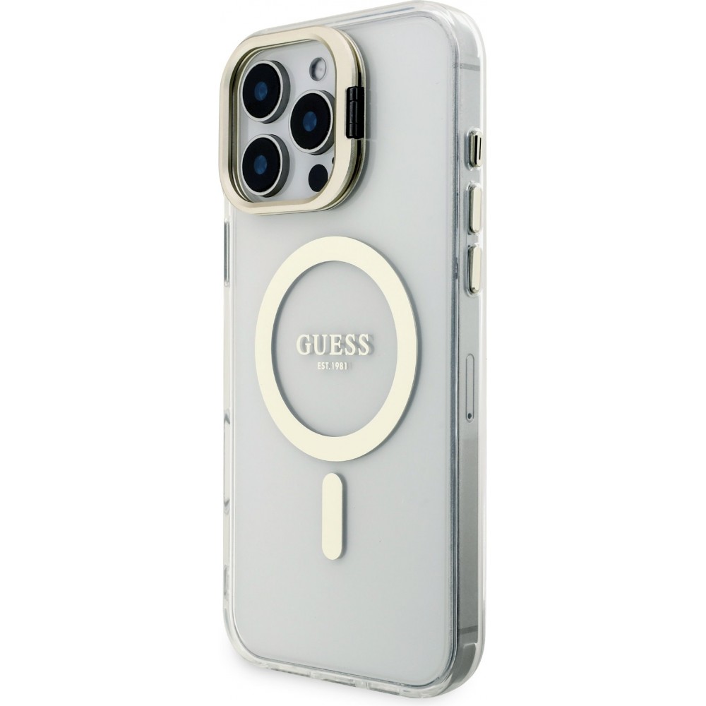 iPhone 16 Pro Max Case Hülle - MagSafe Magnetische Guess-Hülle mit Wechselplatten (Rosa / Braun / Schwarz) und Kamera-Ständer - Transparent
