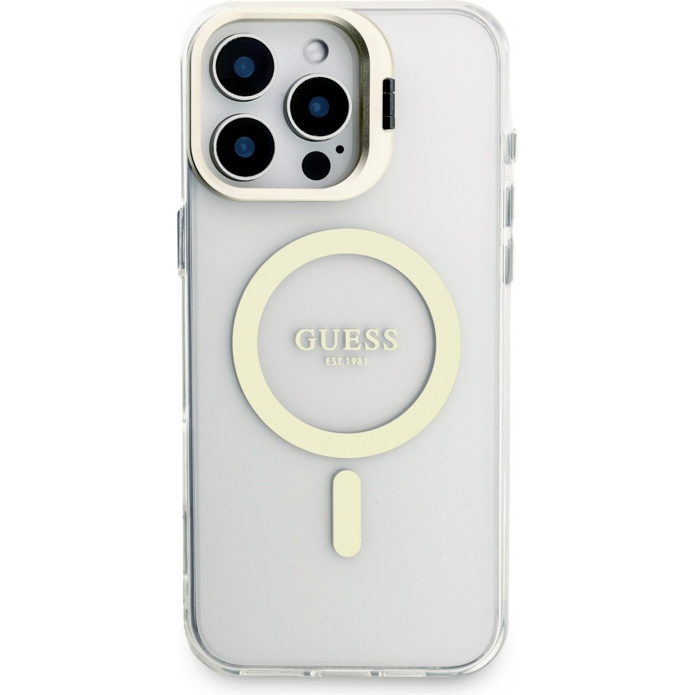 iPhone 16 Pro Max Case Hülle - MagSafe Magnetische Guess-Hülle mit Wechselplatten (Rosa / Braun / Schwarz) und Kamera-Ständer - Transparent
