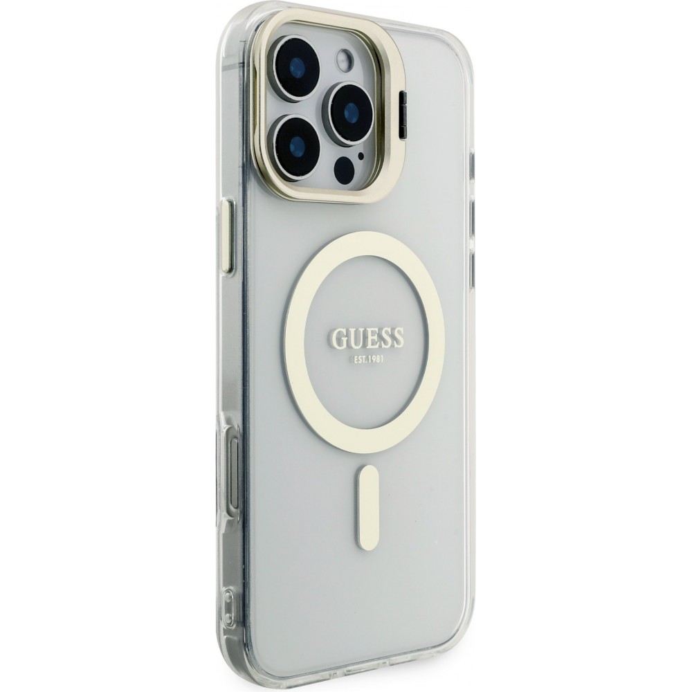 iPhone 16 Pro Max Case Hülle - MagSafe Magnetische Guess-Hülle mit Wechselplatten (Rosa / Braun / Schwarz) und Kamera-Ständer - Transparent
