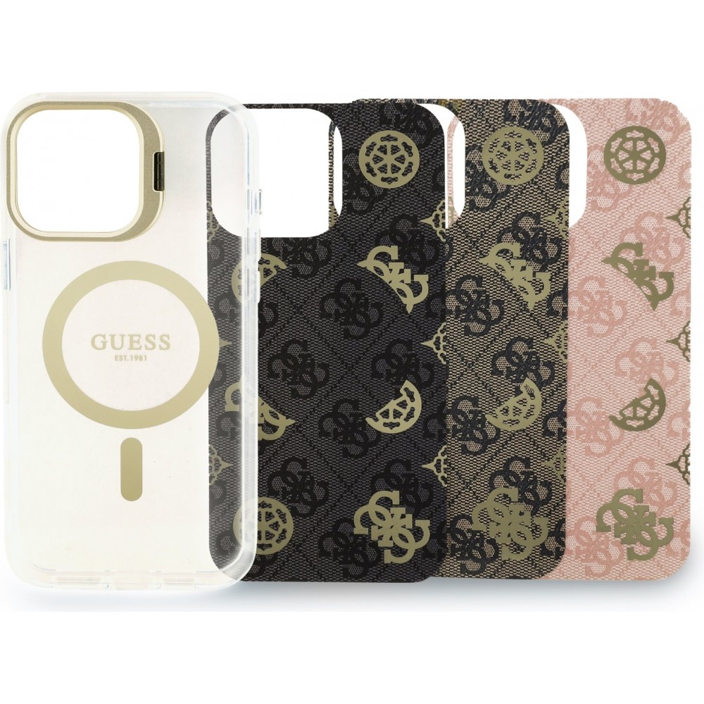 iPhone 16 Pro Max Case Hülle - MagSafe Magnetische Guess-Hülle mit Wechselplatten (Rosa / Braun / Schwarz) und Kamera-Ständer - Transparent