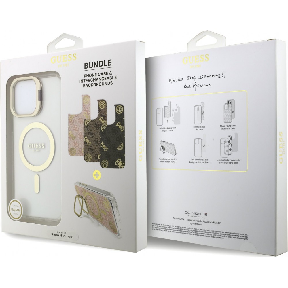 iPhone 16 Pro Max Case Hülle - MagSafe Magnetische Guess-Hülle mit Wechselplatten (Rosa / Braun / Schwarz) und Kamera-Ständer - Transparent