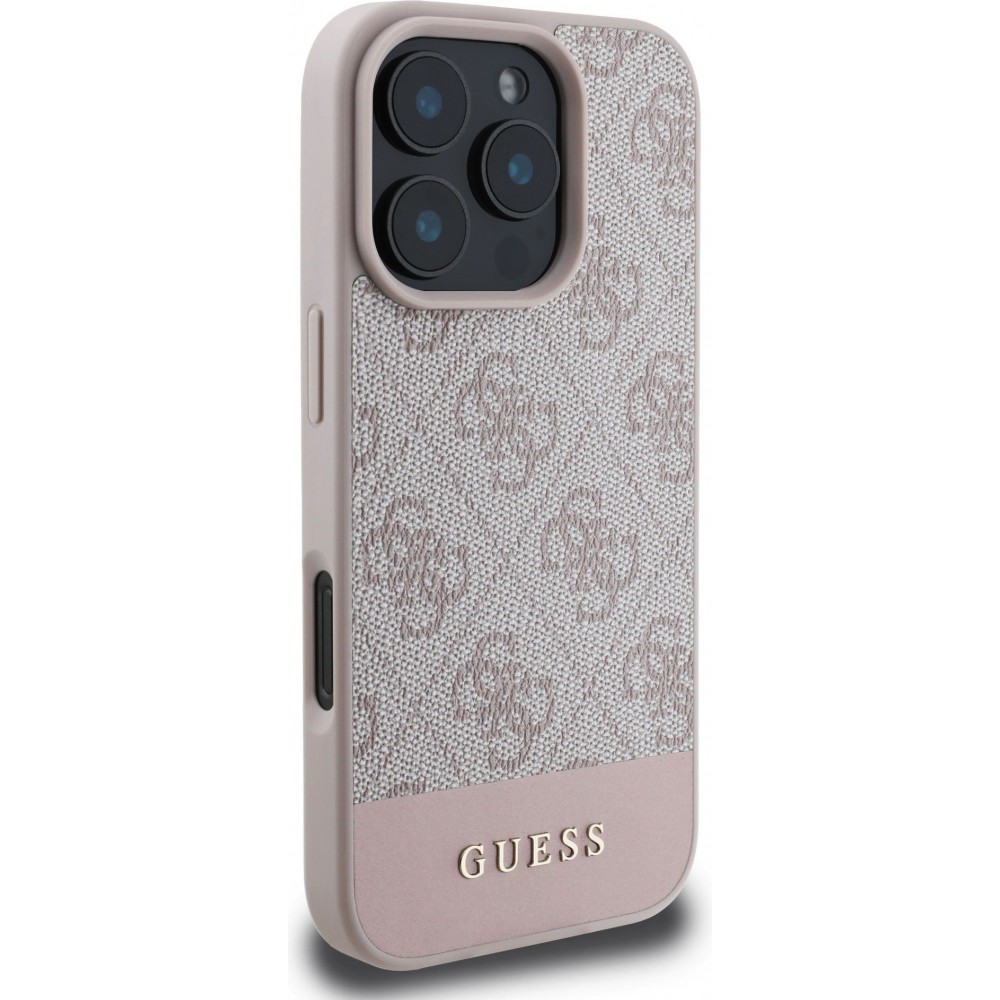 iPhone 16 Pro Max Case Hülle - Guess 4G Muster mit goldenem 3D-Logo - Rosa