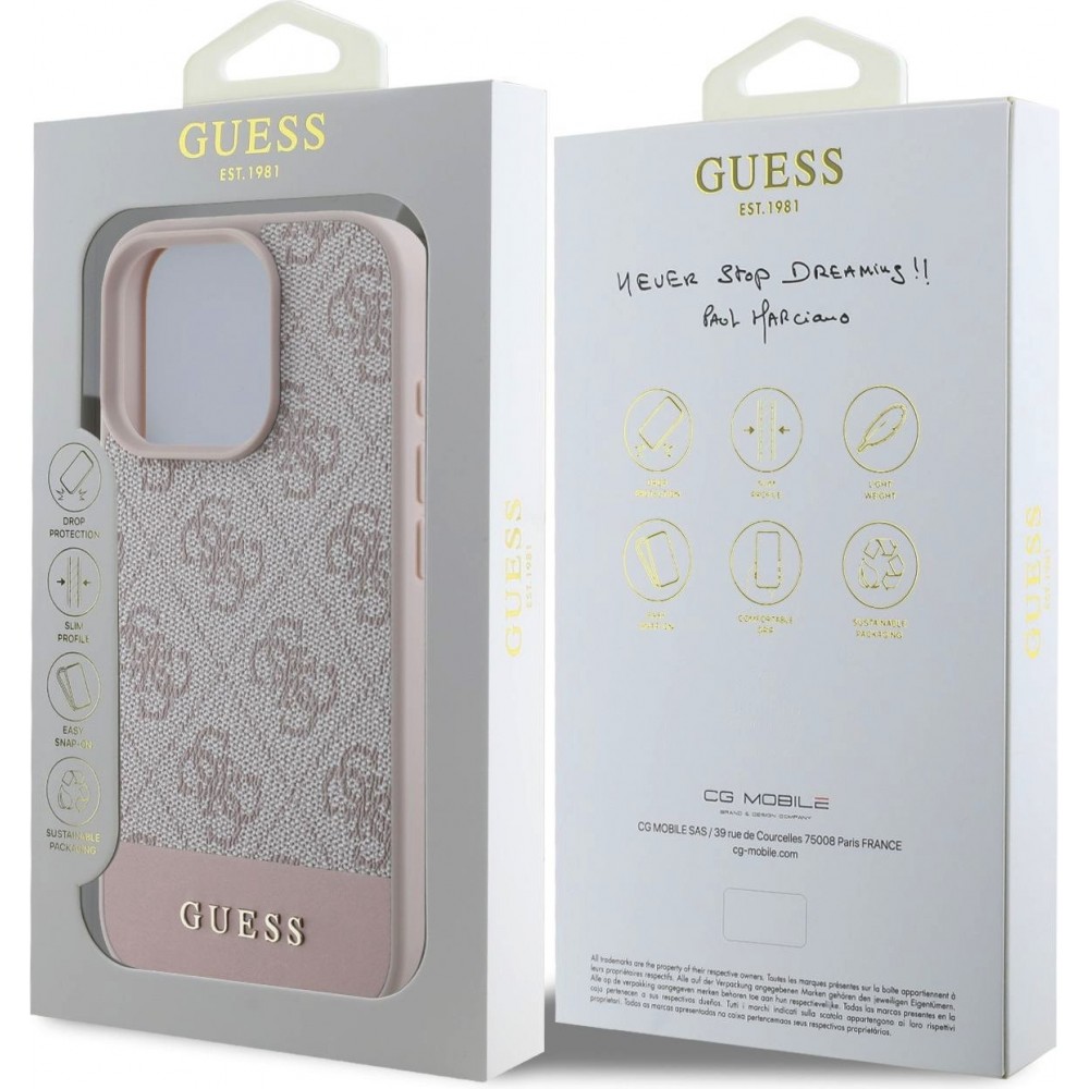 iPhone 16 Pro Max Case Hülle - Guess 4G Muster mit goldenem 3D-Logo - Rosa