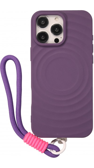iPhone 16 Pro Case Hülle - Silikon Soft Touch MagSafe mit Wellen und Handschlauf - Violett