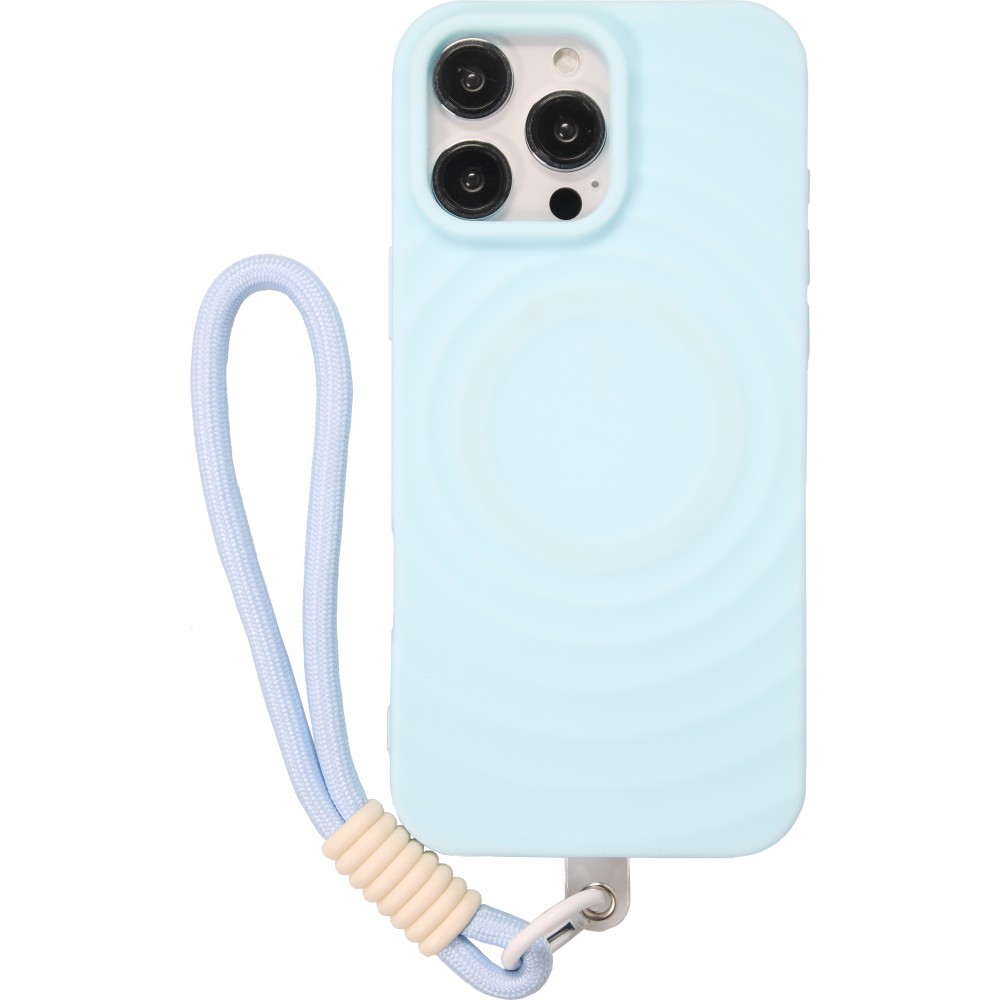 iPhone 16 Pro Case Hülle - Silikon Soft Touch MagSafe mit Wellen und Handschlauf - Blau