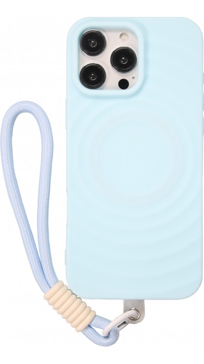 iPhone 16 Pro Case Hülle - Silikon Soft Touch MagSafe mit Wellen und Handschlauf - Blau