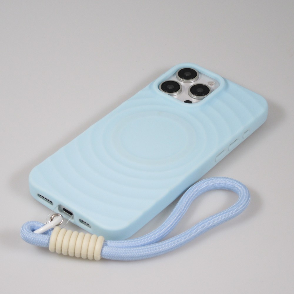 iPhone 16 Pro Case Hülle - Silikon Soft Touch MagSafe mit Wellen und Handschlauf - Blau